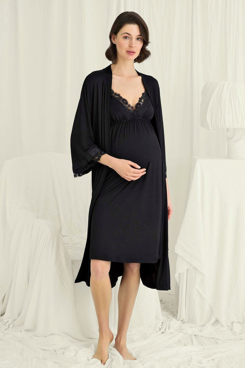 Flower Lace Collar Maternity Feeding-Friendly Nightgown & Lace Sleeve Robe Set Black - E18721