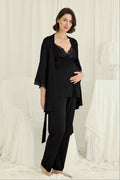 Flower Lace Collar 3-Piece Maternity Feeding-Friendly Pajama & Lace Sleeve Robe Set Black - E18722