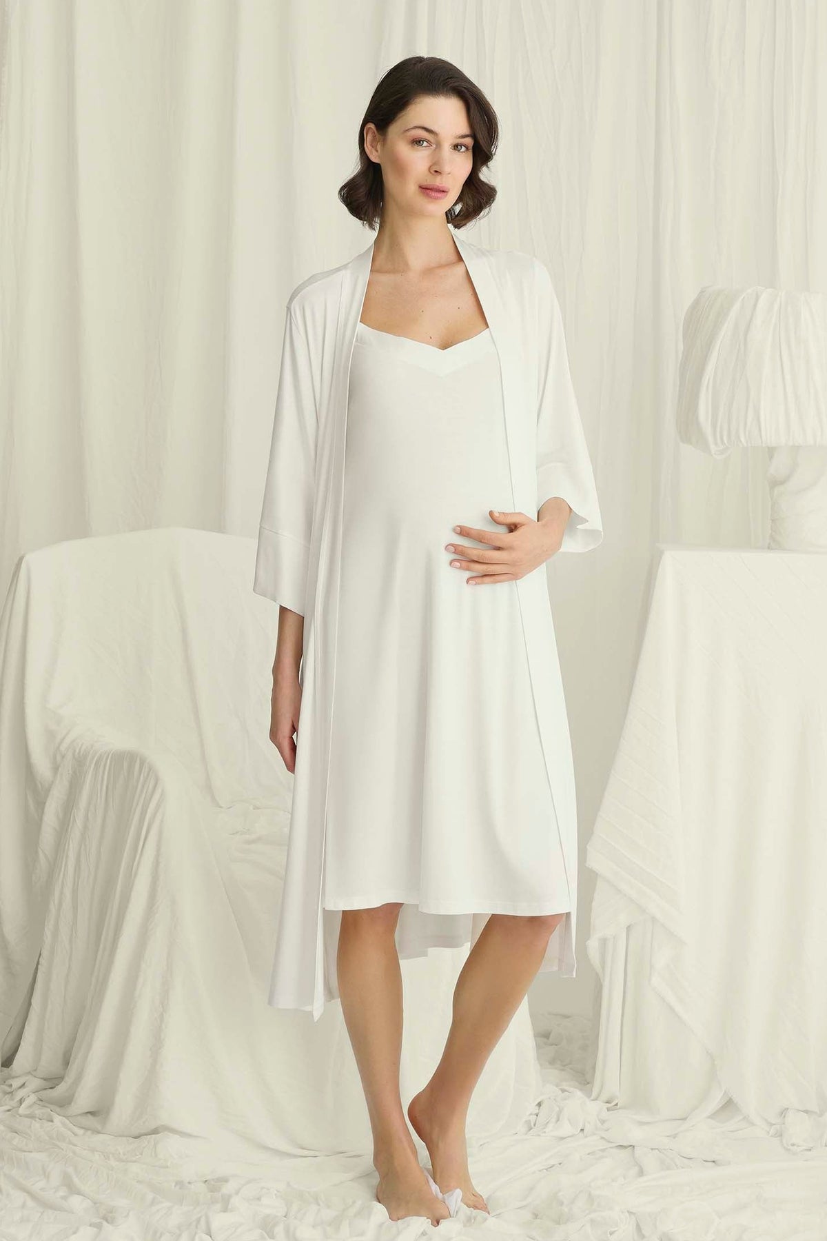 Strappy Soft Maternity Feeding-Friendly Nightgown & Robe Set Ecru - E18723
