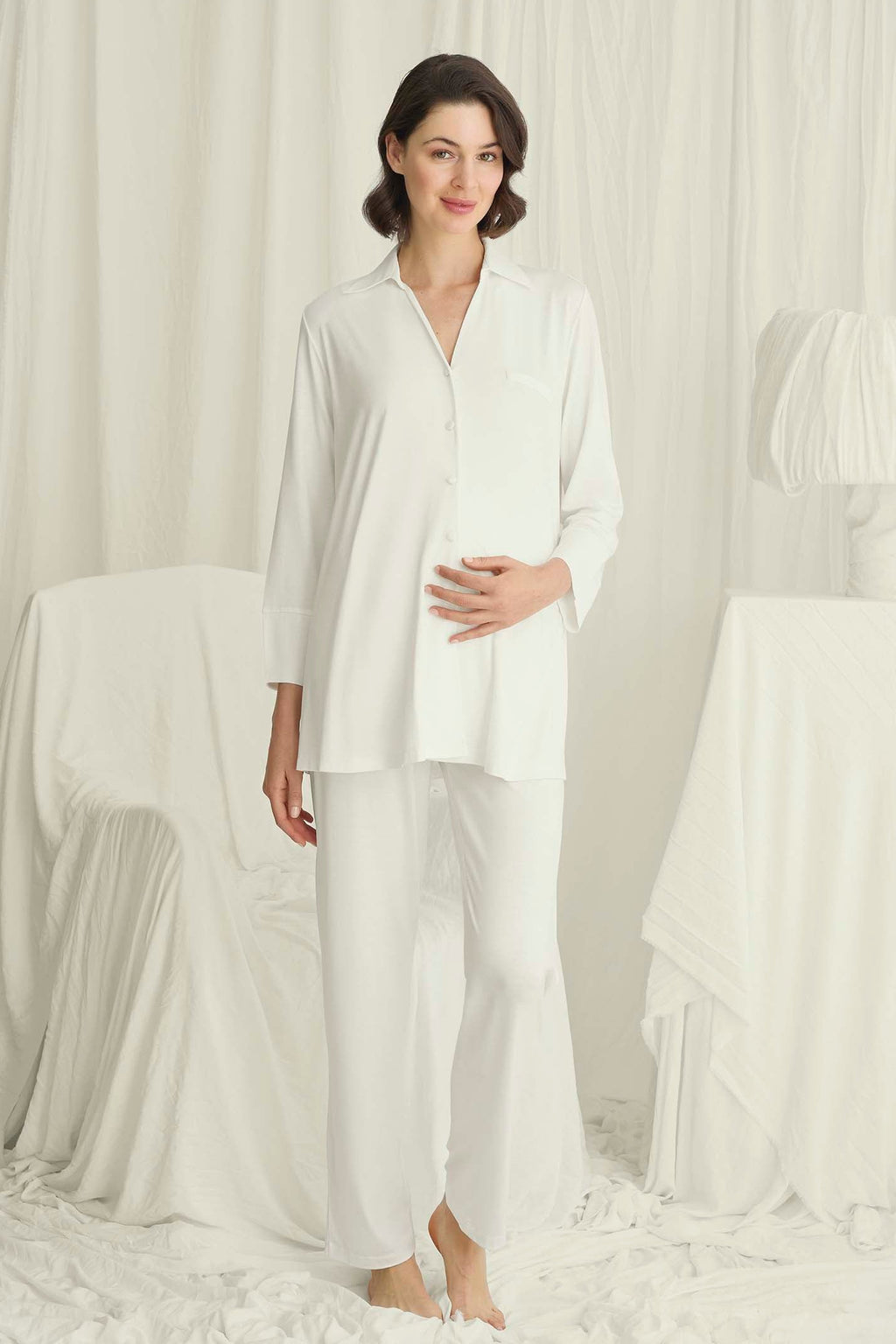 Satin-Trim Shirt Soft Maternity Feeding-Friendly Pajama Set Ecru - E18725