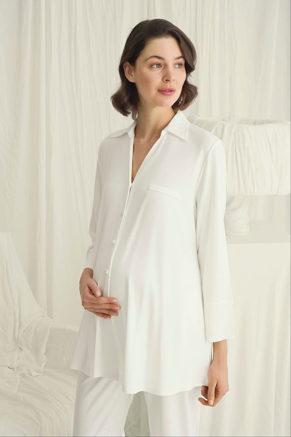 Satin-Trim Shirt Soft Maternity Feeding-Friendly Pajama Set Ecru - E18725