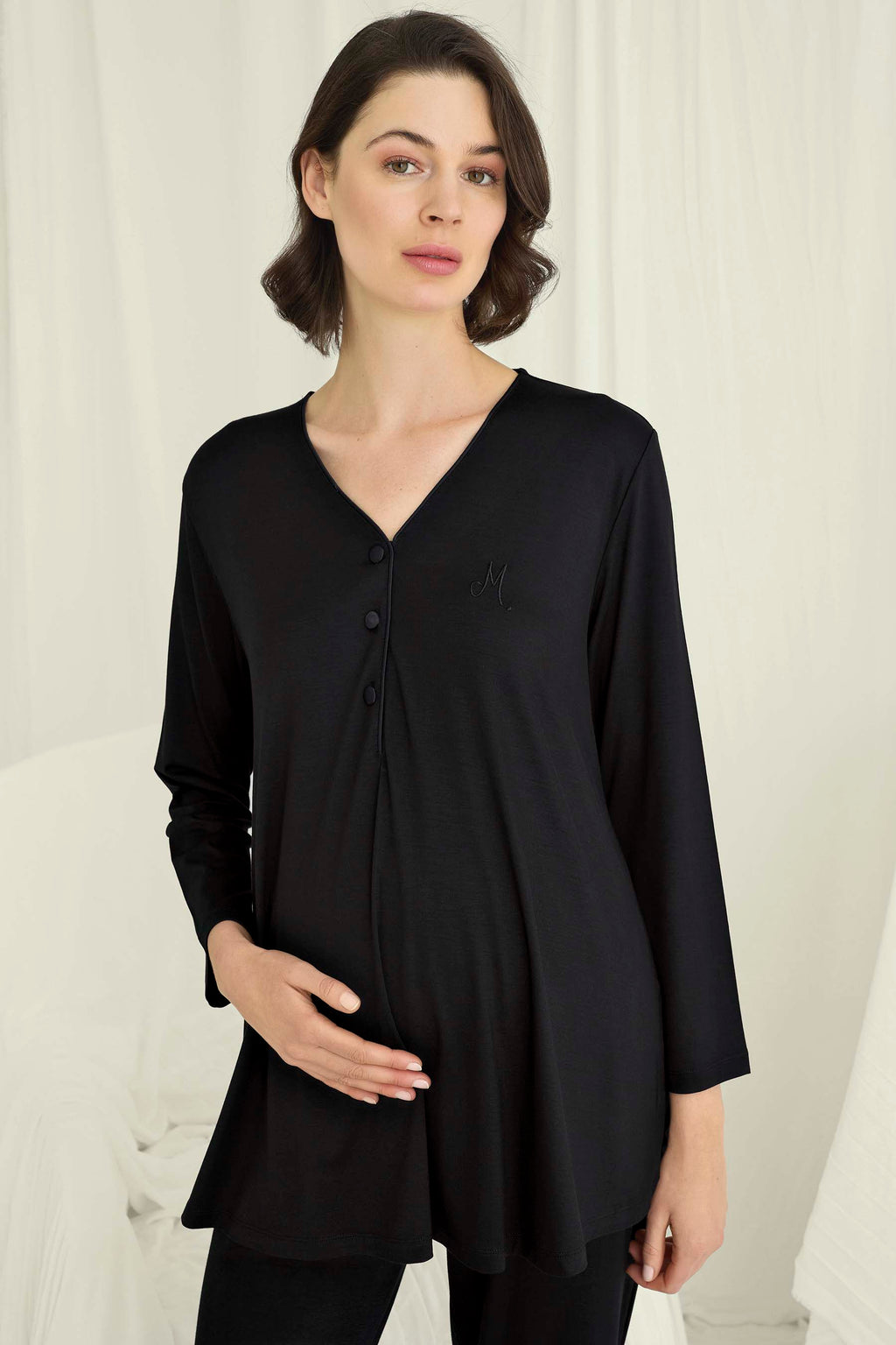 V-Neck Soft Maternity Feeding-Friendly Pajama Set Black - E18728
