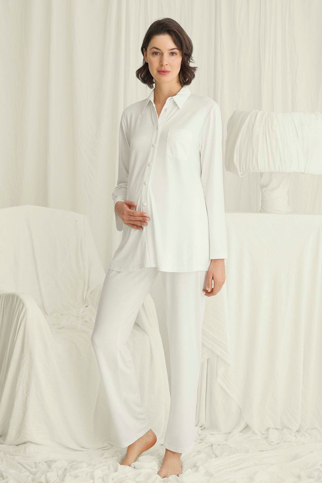 Shirt-Style Soft Maternity Feeding-Friendly Pajama Set Ecru - E18738