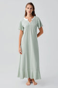 Pleated Skirt Cotton Plus Size Maternity Feeding-Friendly Nightgown Green - S19100