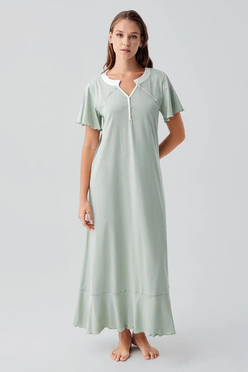 Pleated Skirt Cotton Plus Size Maternity Feeding-Friendly Nightgown Green - S19100