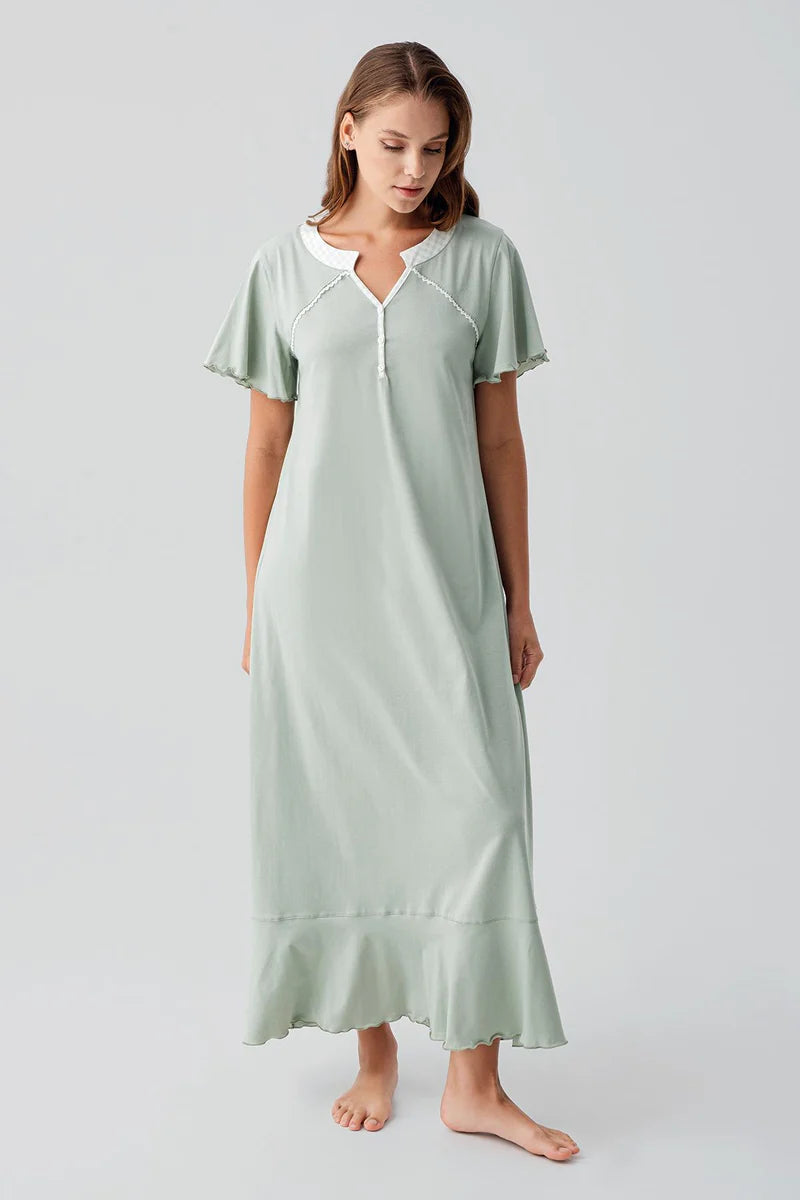 Pleated Skirt Cotton Plus Size Maternity Feeding-Friendly Nightgown Green - S19100