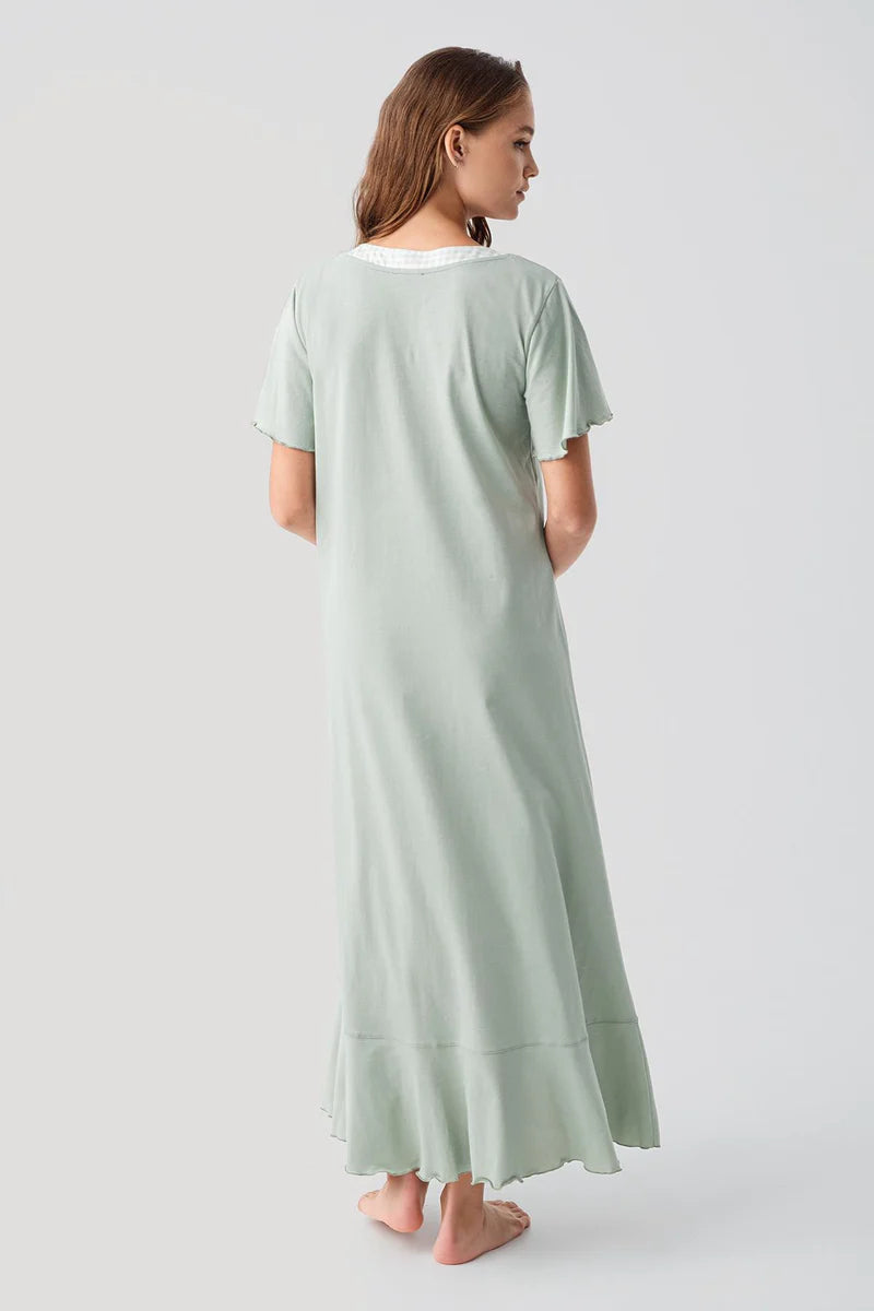 Pleated Skirt Cotton Plus Size Maternity Feeding-Friendly Nightgown Green - S19100