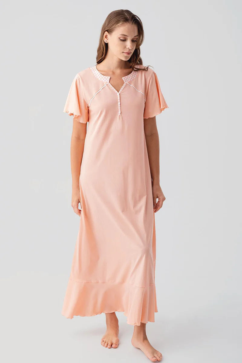 Pleated Skirt Cotton Plus Size Maternity Feeding-Friendly Nightgown Salmon - S19100