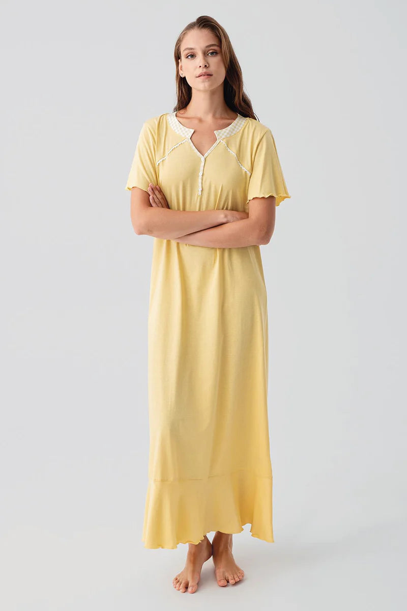 Pleated Skirt Cotton Plus Size Maternity Feeding-Friendly Nightgown Yellow - S19100