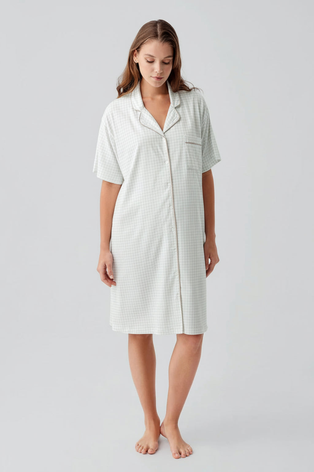 Gingham Check Cotton Maternity Feeding-Friendly Nightgown Green - S19101