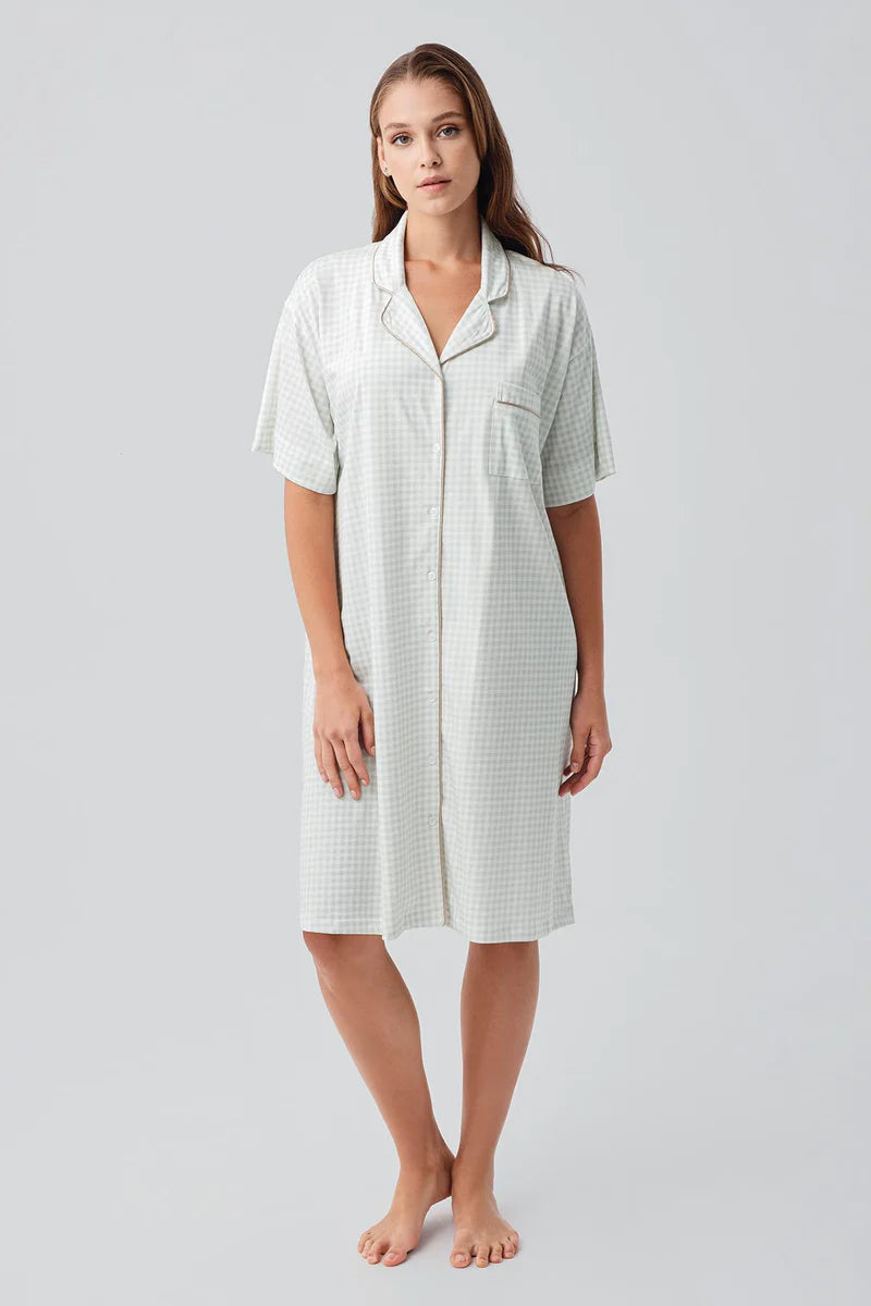 Gingham Check Cotton Maternity Feeding-Friendly Nightgown Green - S19101
