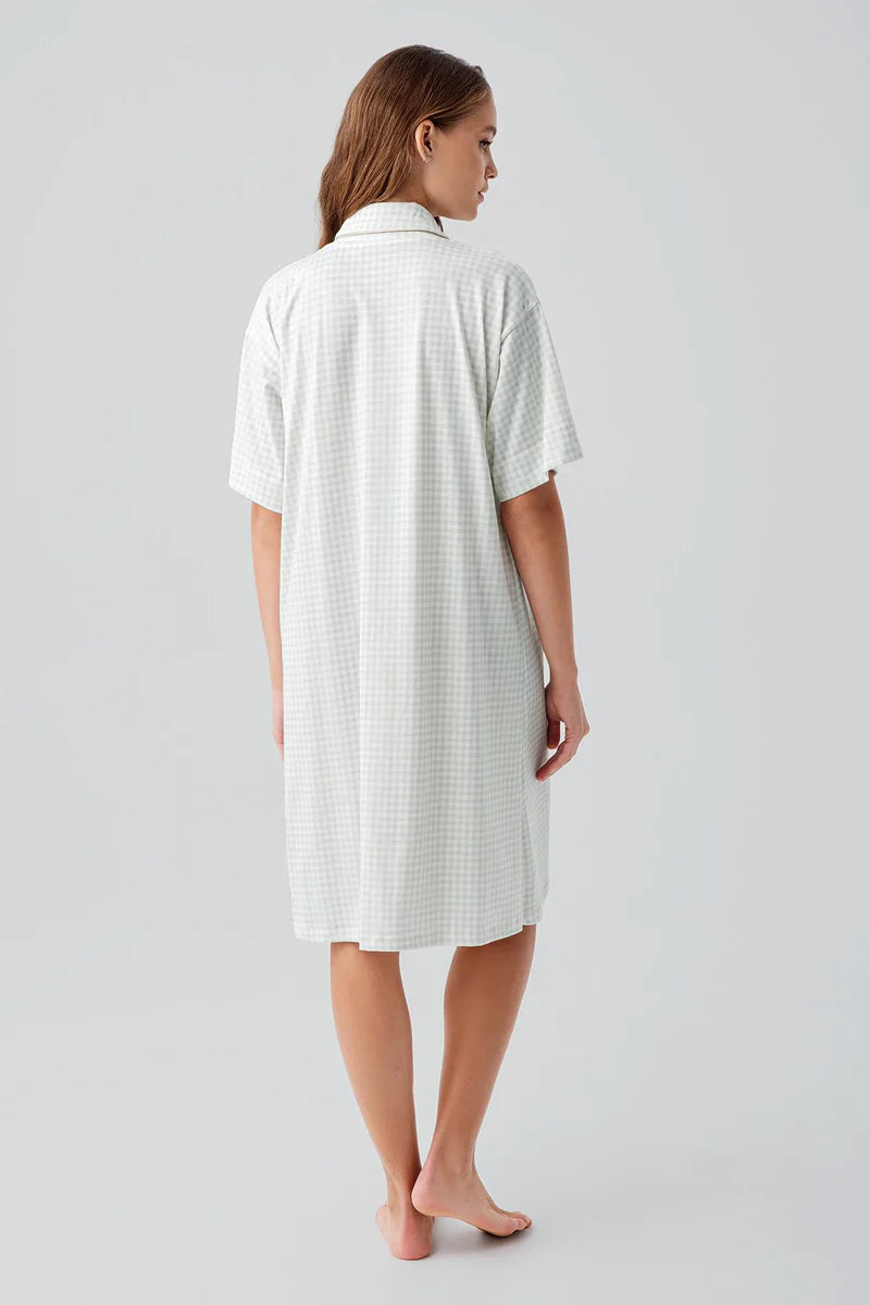 Gingham Check Cotton Maternity Feeding-Friendly Nightgown Green - S19101