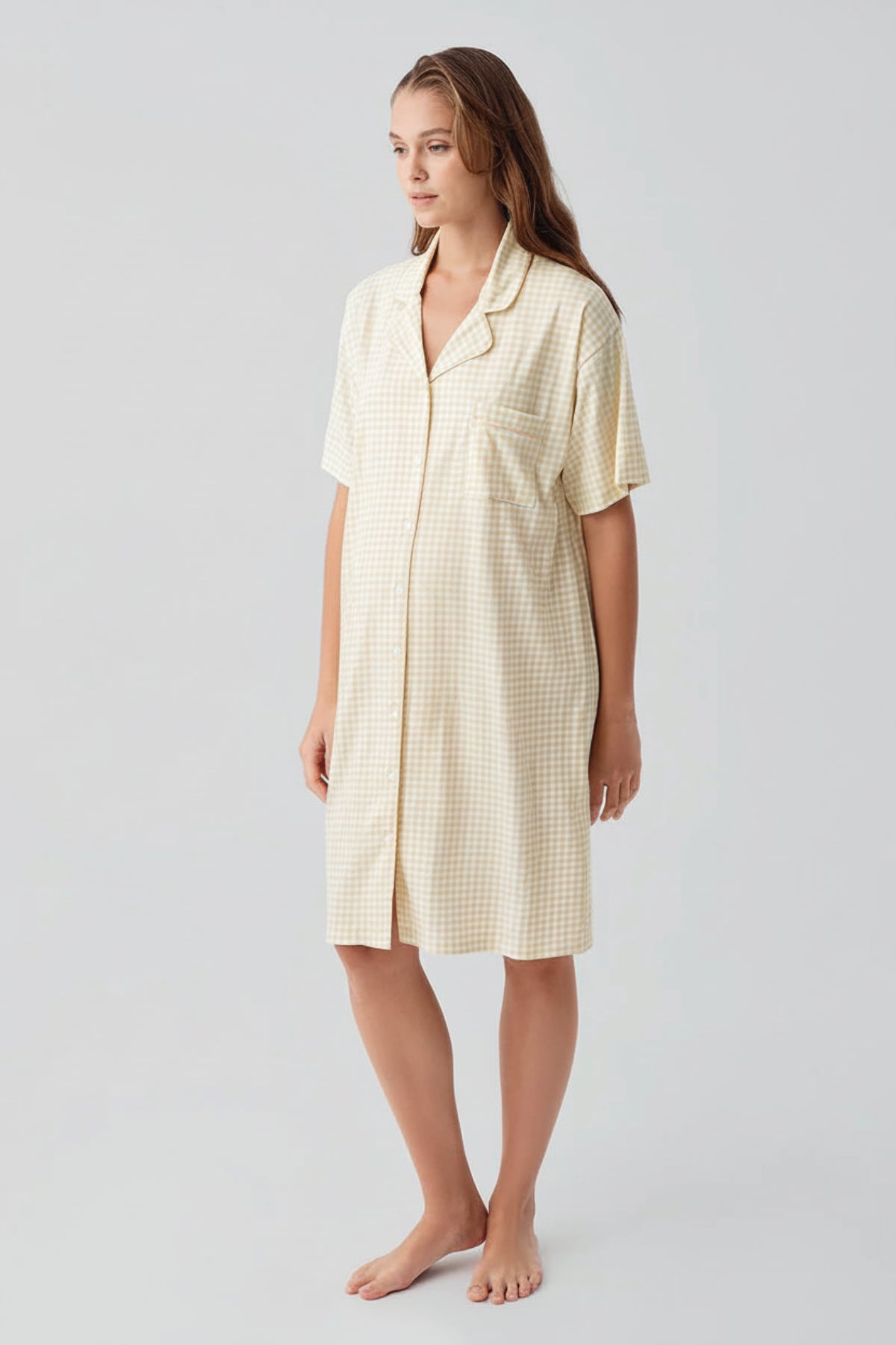 Gingham Check Cotton Maternity Feeding-Friendly Nightgown Yellow - S19101