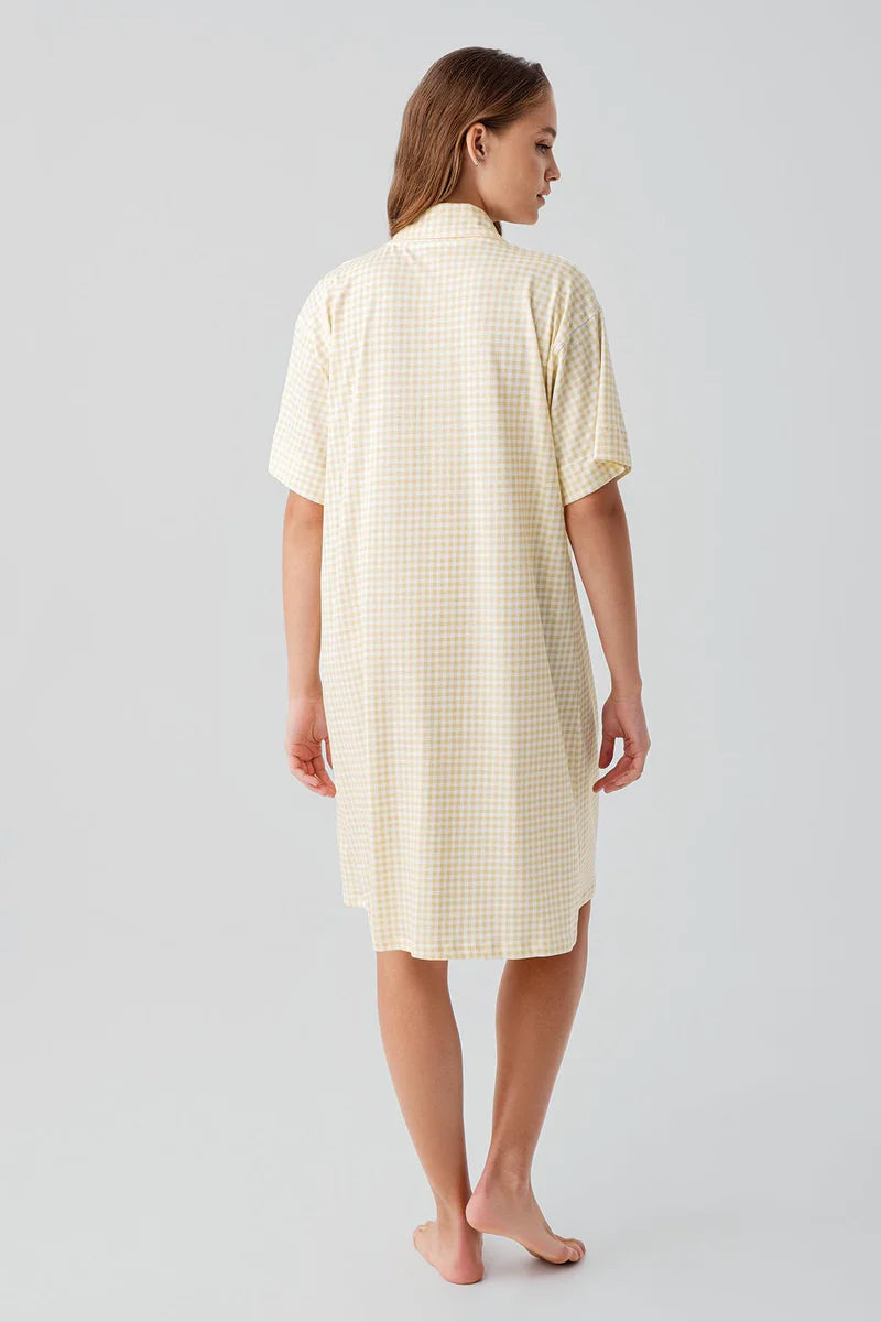 Gingham Check Cotton Maternity Feeding-Friendly Nightgown Yellow - S19101