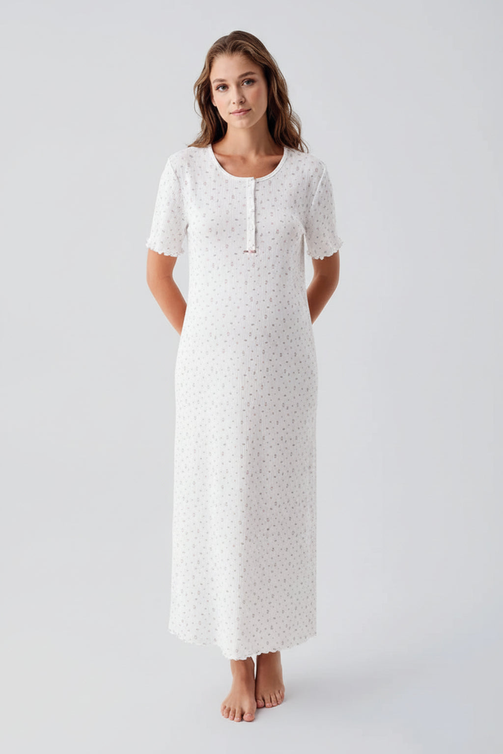 Flower Pattern Cotton Maternity Feeding-Friendly Nightgown Ecru - S19103
