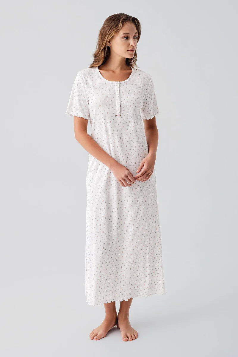 Flower Pattern Cotton Maternity Feeding-Friendly Nightgown Ecru - S19103