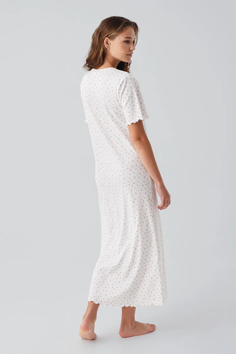 Flower Pattern Cotton Maternity Feeding-Friendly Nightgown Ecru - S19103
