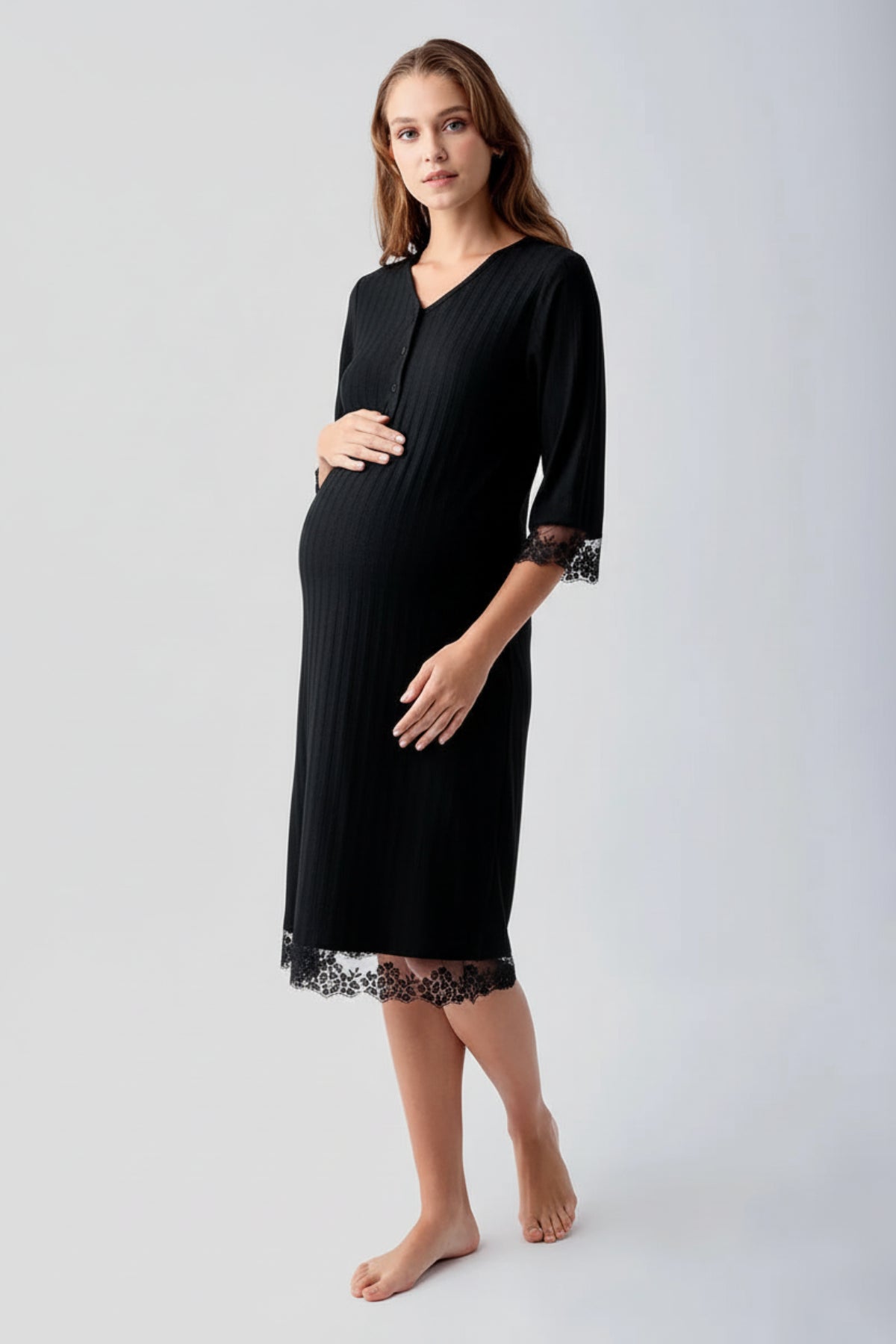 Elbow-Length Lace Sleeve Maternity Feeding-Friendly Nightgown Black - S19107