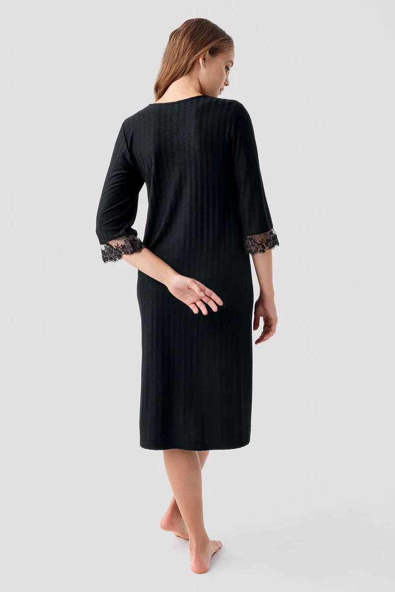 Elbow-Length Lace Sleeve Maternity Feeding-Friendly Nightgown Black - S19107