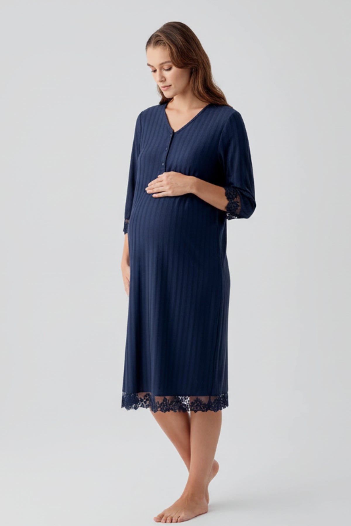 Elbow-Length Lace Sleeve Maternity Feeding-Friendly Nightgown Navy Blue - S19107