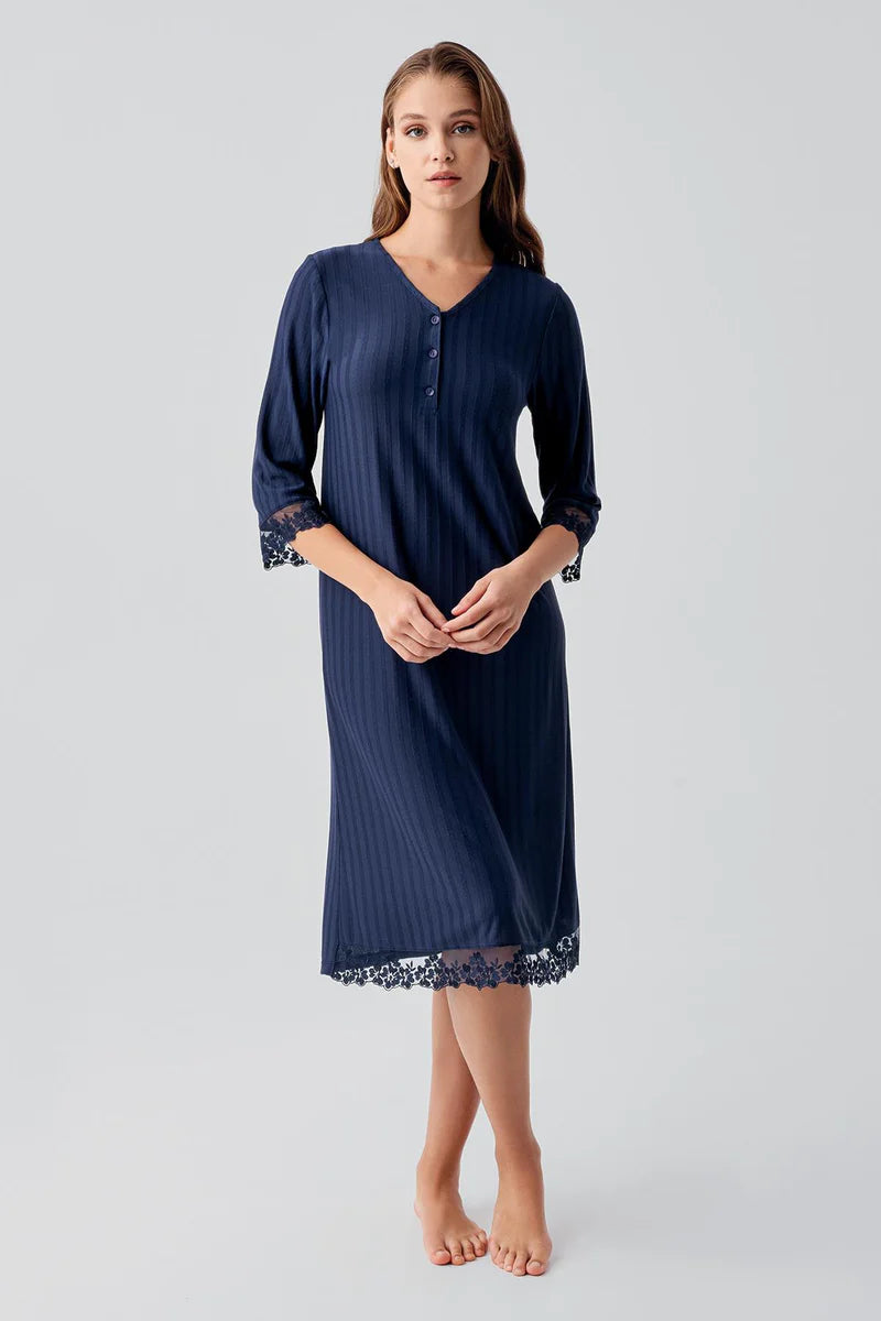 Elbow-Length Lace Sleeve Maternity Feeding-Friendly Nightgown Navy Blue - S19107
