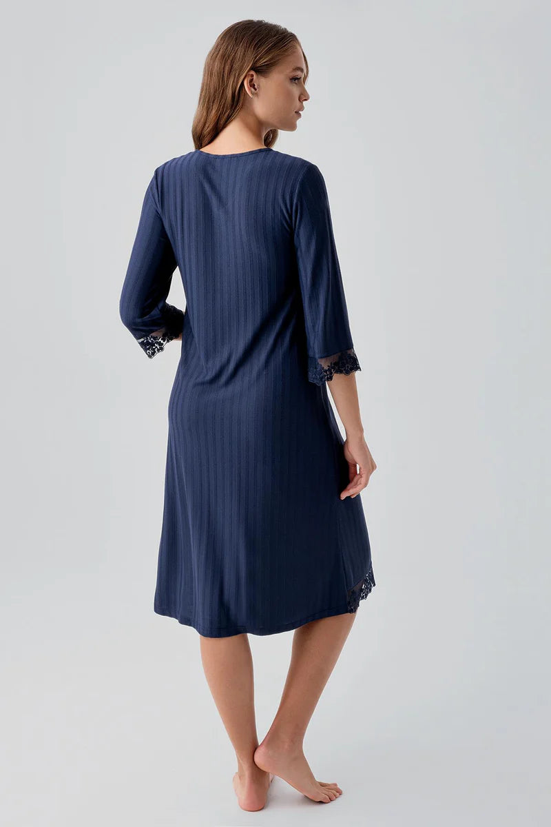 Elbow-Length Lace Sleeve Maternity Feeding-Friendly Nightgown Navy Blue - S19107