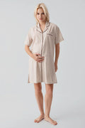 Striped Woven Cotton Maternity Feeding-Friendly Nightgown Beige - S19108