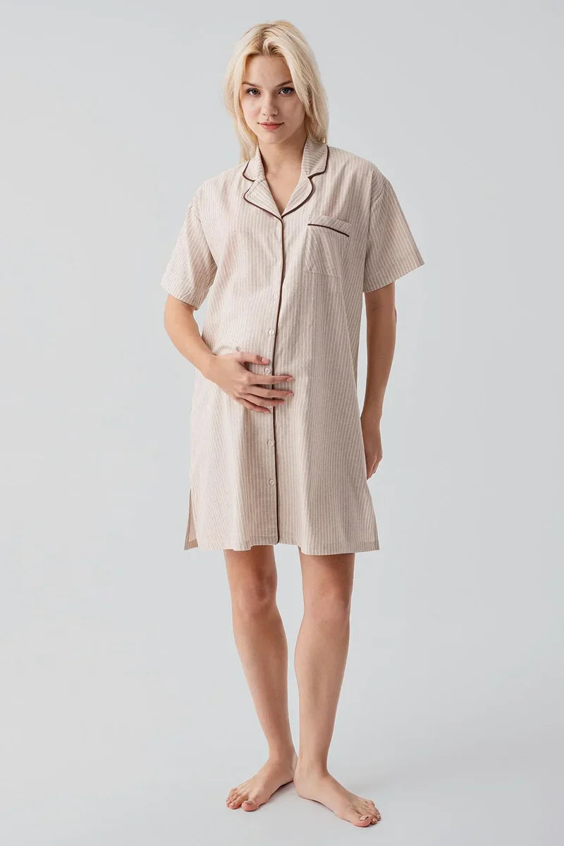 Striped Woven Cotton 4-Piece Maternity Feeding-Friendly Set Beige - S308108