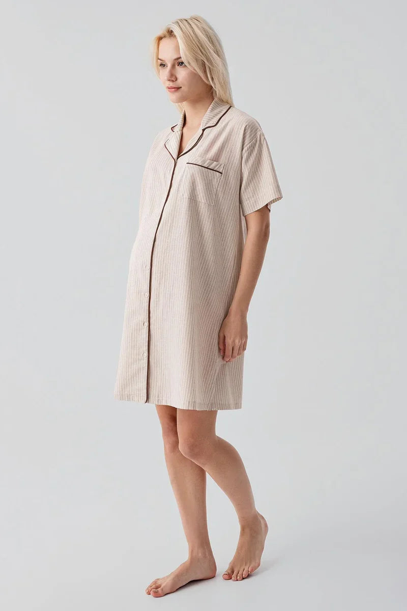 Striped Woven Cotton Maternity Feeding-Friendly Nightgown Beige - S19108