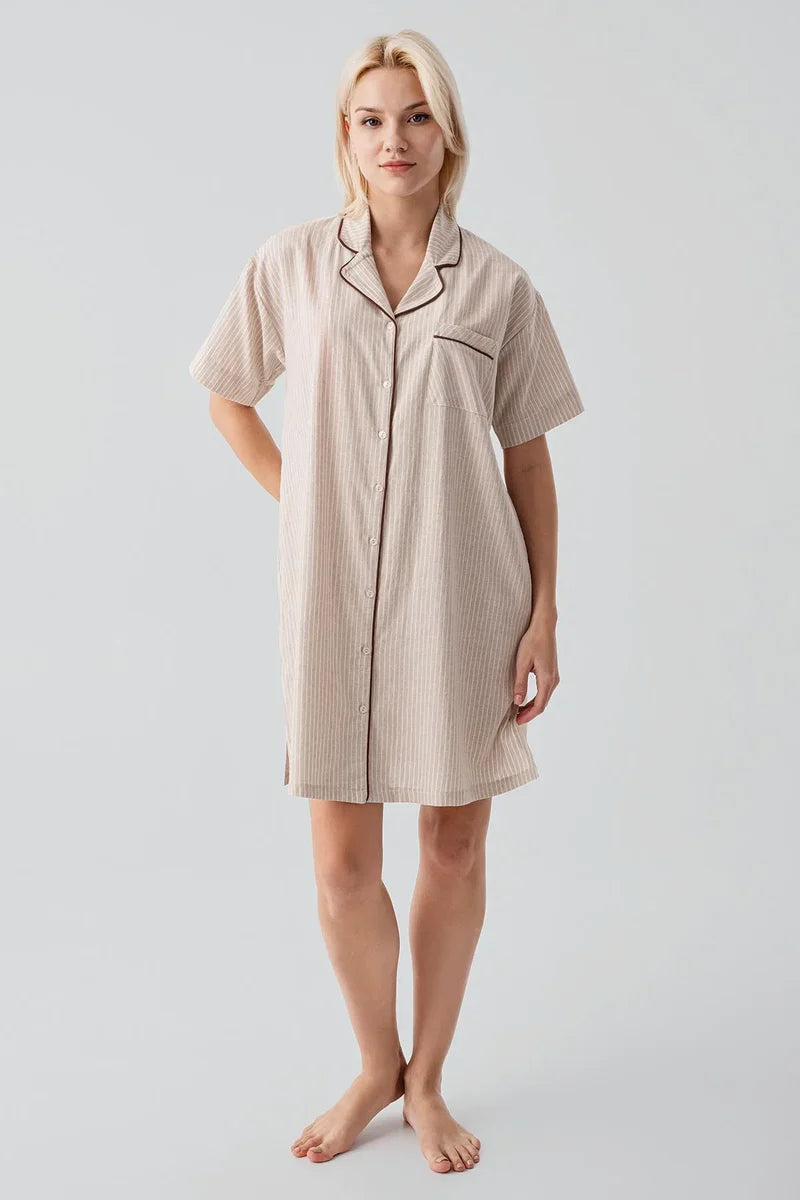 Striped Woven Cotton Maternity Feeding-Friendly Nightgown Beige - S19108