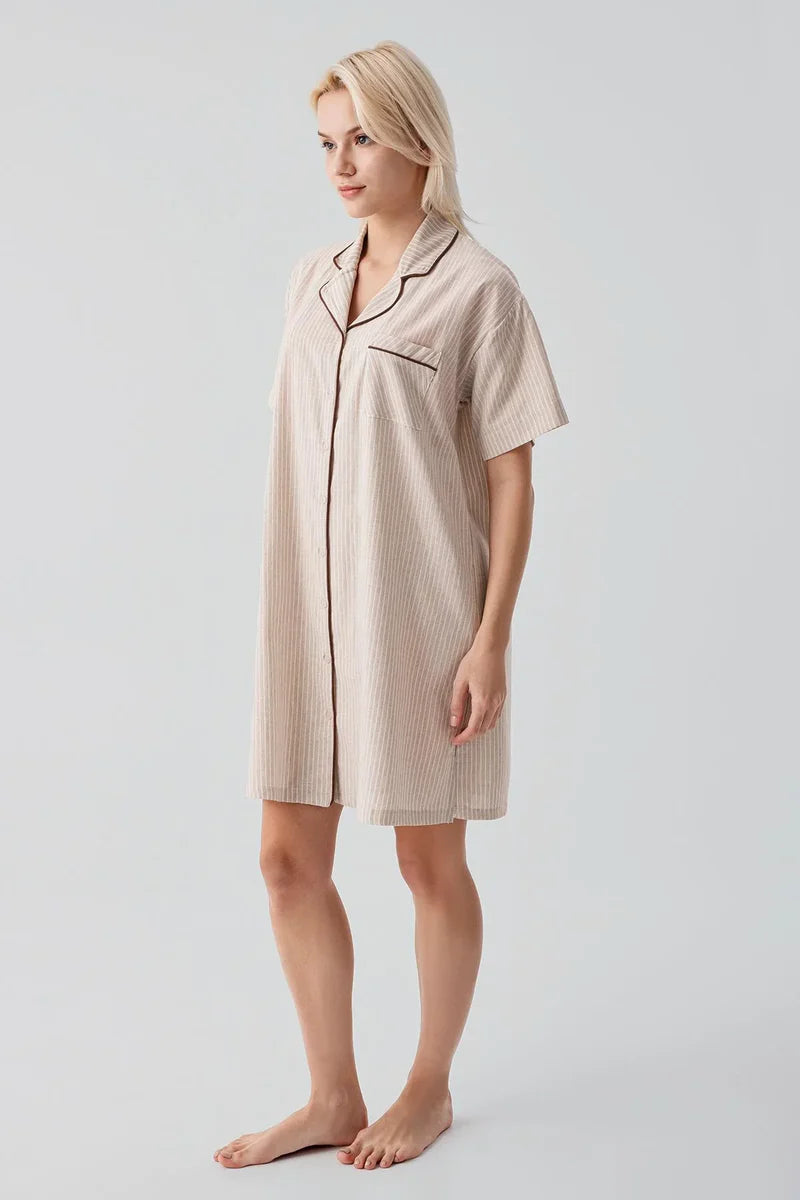 Striped Woven Cotton Maternity Feeding-Friendly Nightgown Beige - S19108