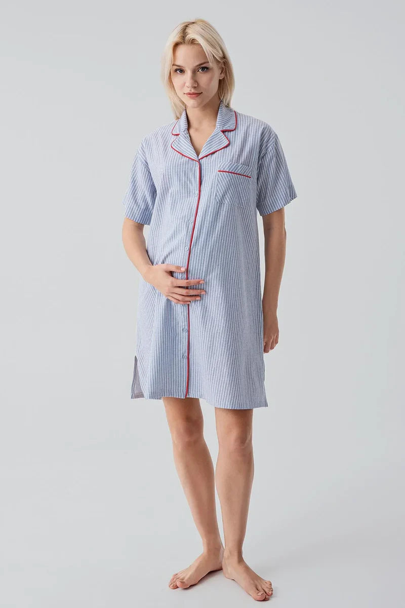 Striped Woven Cotton 4-Piece Maternity Feeding-Friendly Set Blue - S308108
