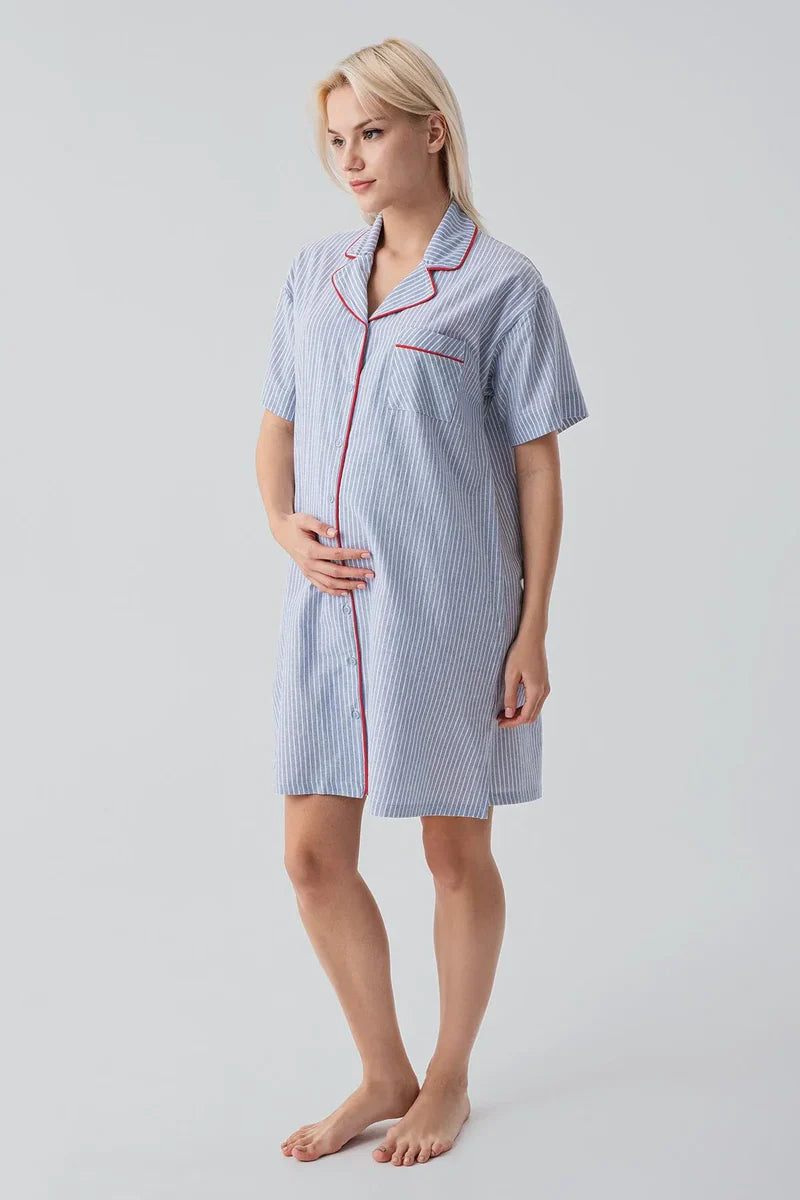 Striped Woven Cotton Maternity Feeding-Friendly Nightgown Blue - S19108