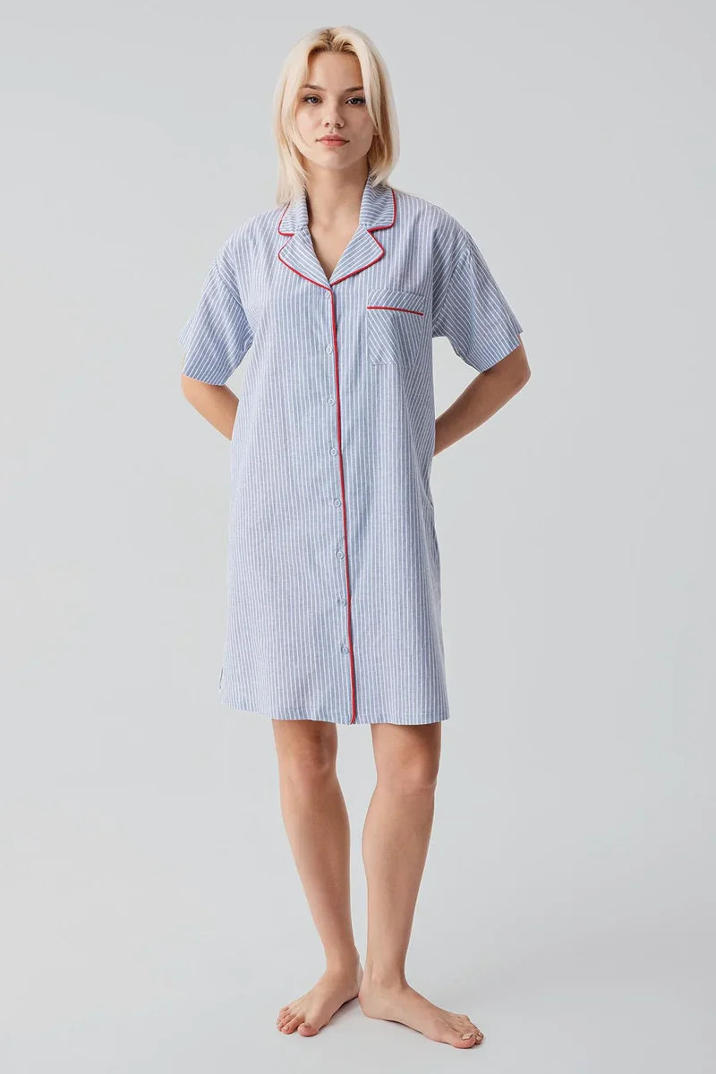 Striped Woven Cotton Maternity Feeding-Friendly Nightgown Blue - S19108