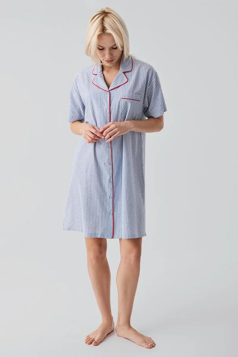 Striped Woven Cotton Maternity Feeding-Friendly Nightgown Blue - S19108