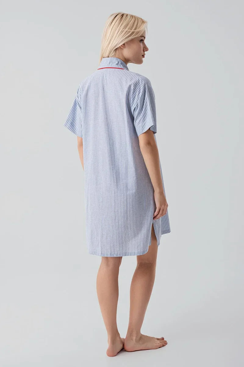 Striped Woven Cotton Maternity Feeding-Friendly Nightgown Blue - S19108