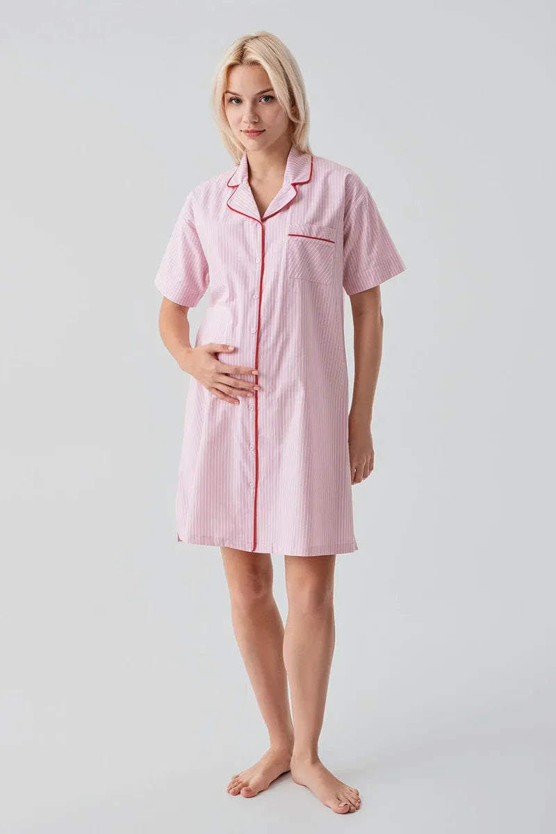 Striped Woven Cotton 4-Piece Maternity Feeding-Friendly Set Pink - S308108