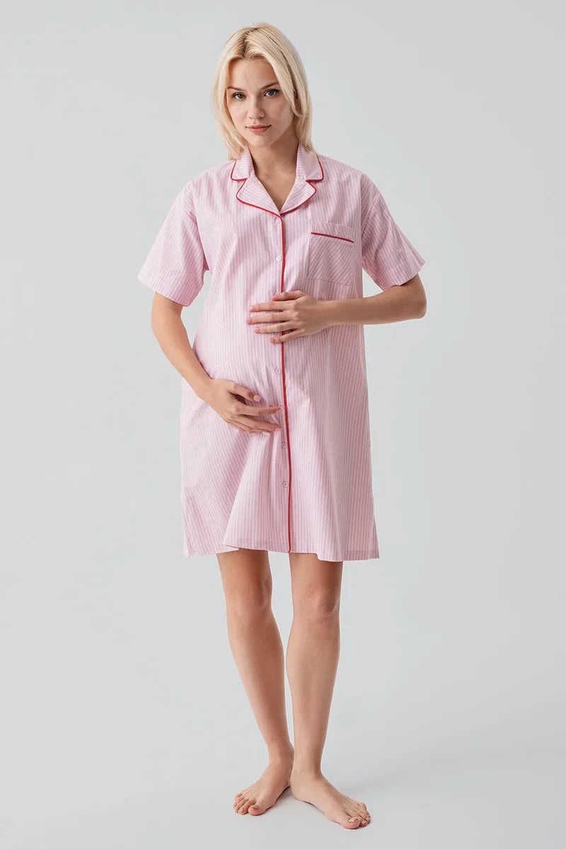 Striped Woven Cotton Maternity Feeding-Friendly Nightgown Pink - S19108