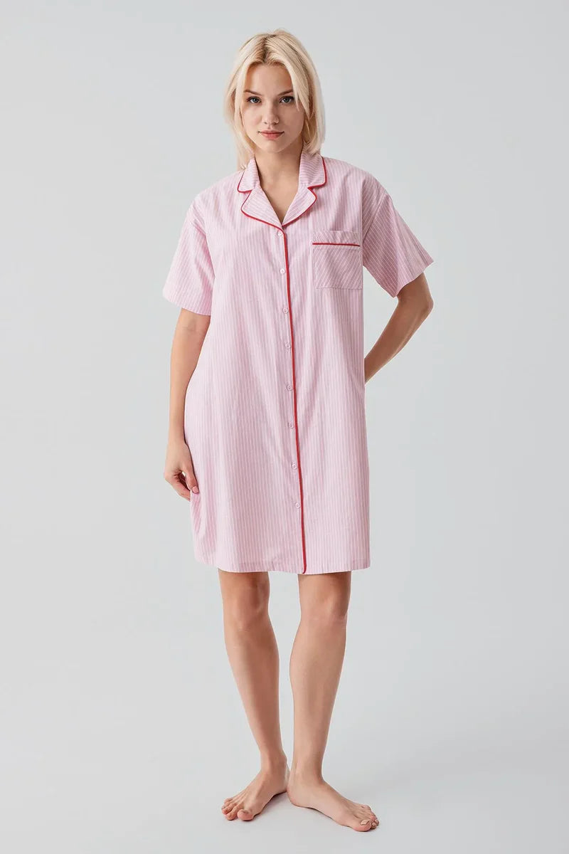 Striped Woven Cotton Maternity Feeding-Friendly Nightgown Pink - S19108