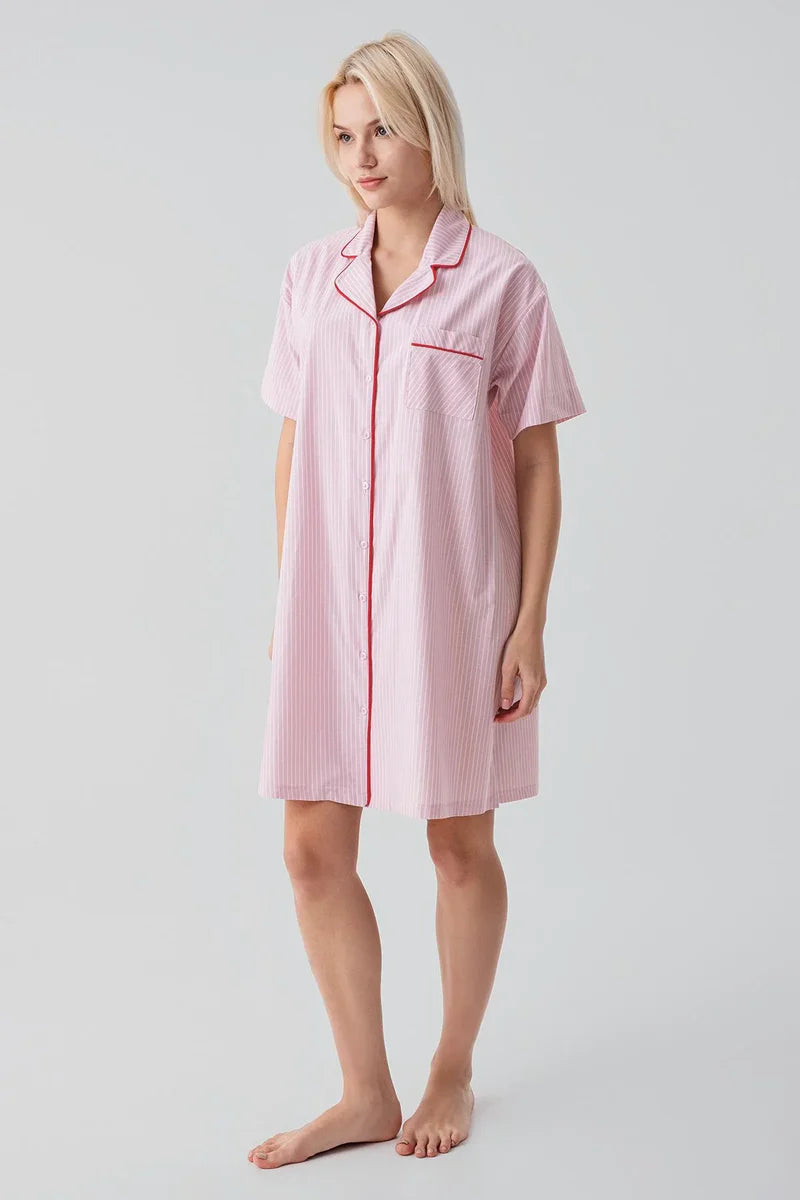 Striped Woven Cotton Maternity Feeding-Friendly Nightgown Pink - S19108