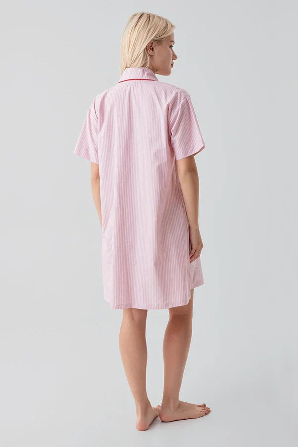 Striped Woven Cotton Maternity Feeding-Friendly Nightgown Pink - S19108