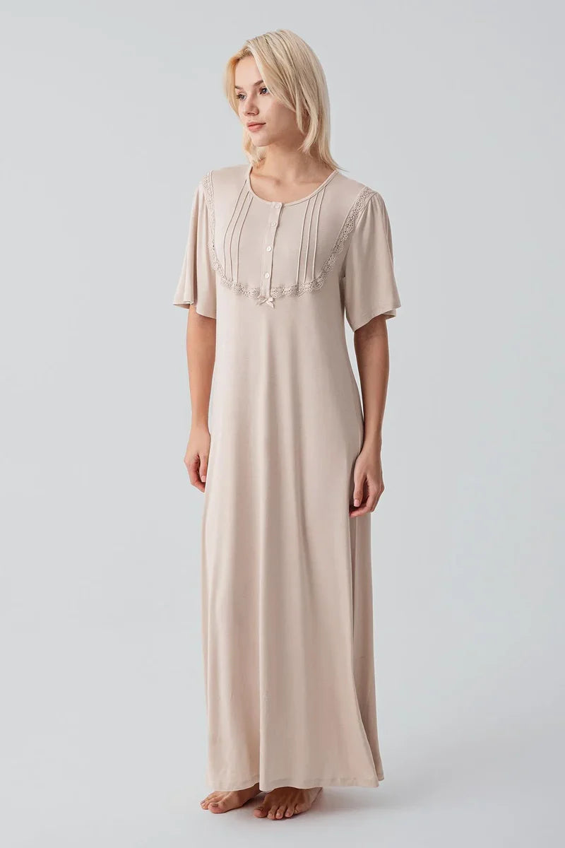 Lacy Edge Plus Size Maternity Feeding-Friendly Nightgown Beige - S19109
