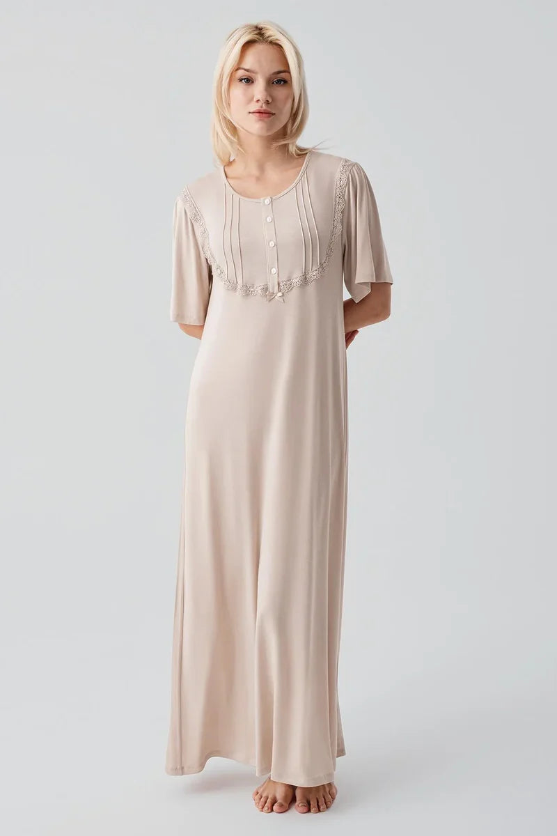 Lacy Edge Plus Size Maternity Feeding-Friendly Nightgown Beige - S19109