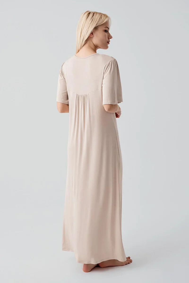 Lacy Edge Plus Size Maternity Feeding-Friendly Nightgown Beige - S19109