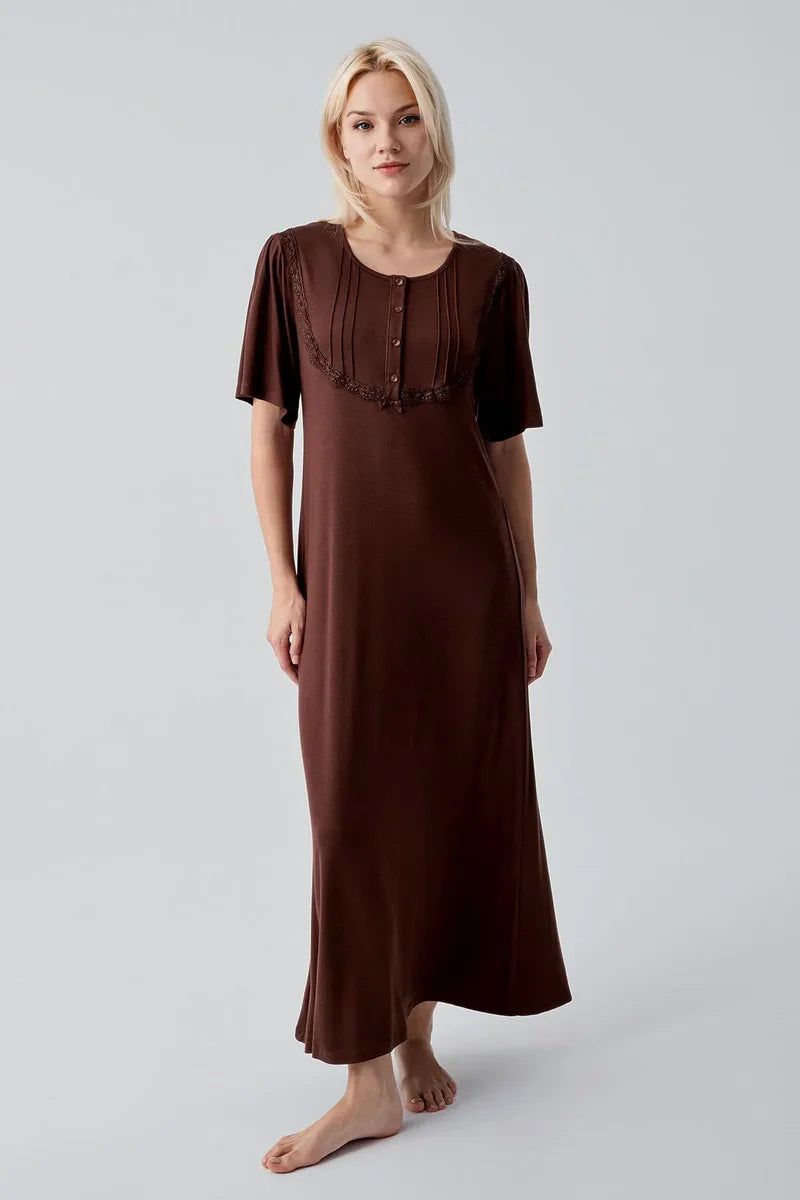 Lacy Edge Plus Size Maternity Feeding-Friendly Nightgown Coffee - S19109