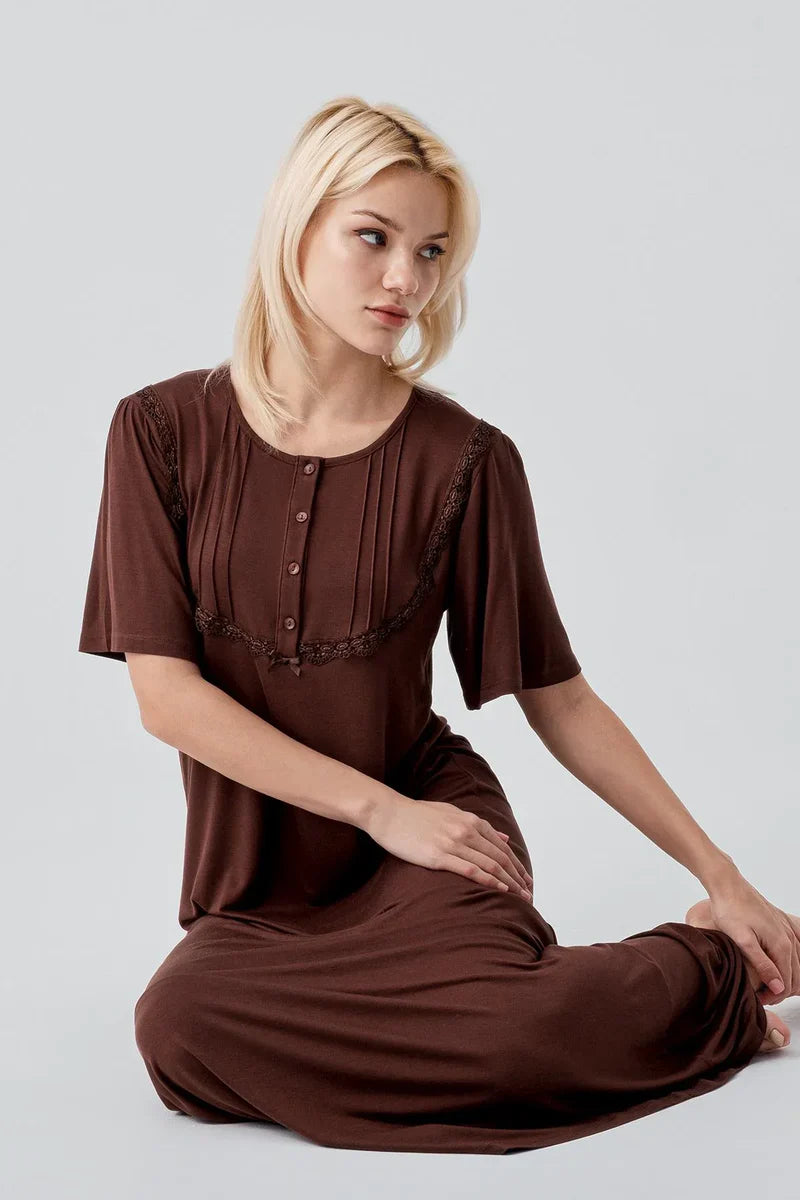 Lacy Edge Plus Size Maternity Feeding-Friendly Nightgown Coffee - S19109