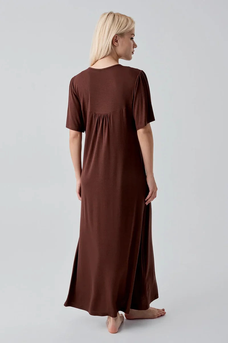Lacy Edge Plus Size Maternity Feeding-Friendly Nightgown Coffee - S19109