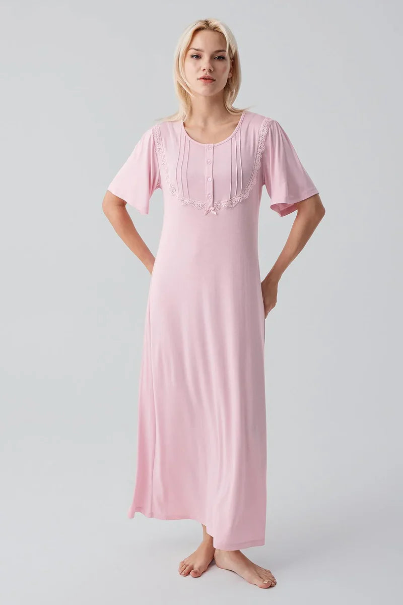 Lacy Edge Plus Size Maternity Feeding-Friendly Nightgown Powder - S19109