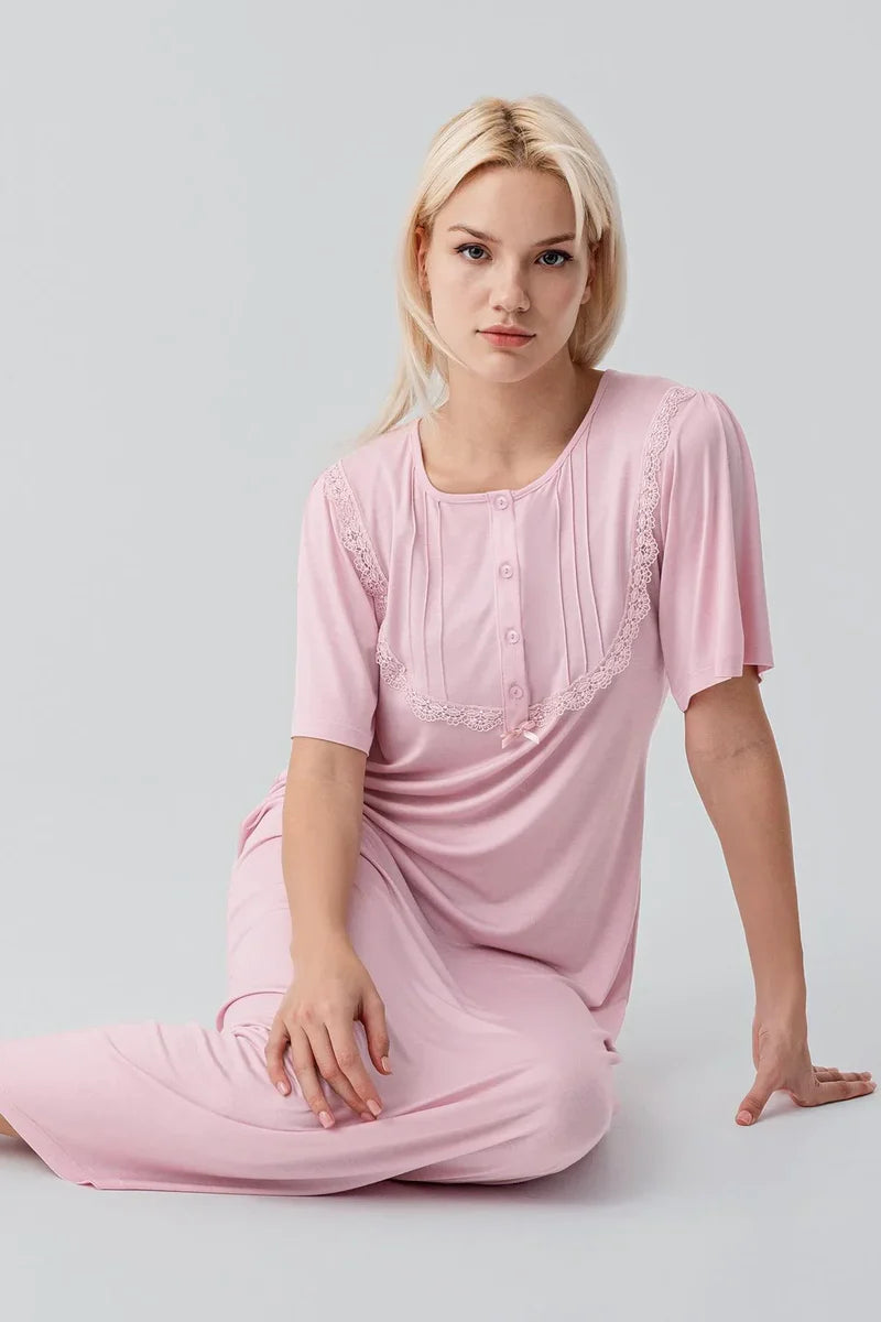 Lacy Edge Plus Size Maternity Feeding-Friendly Nightgown Powder - S19109