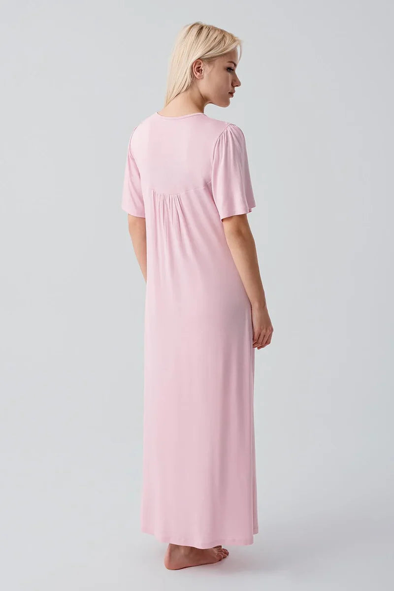 Lacy Edge Plus Size Maternity Feeding-Friendly Nightgown Powder - S19109